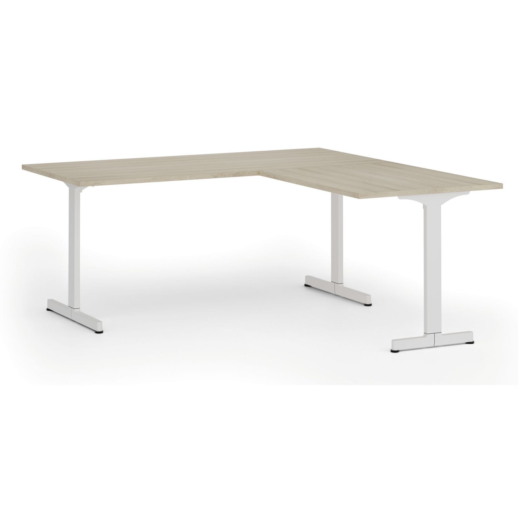 Bürotisch PRIMO BETA L, 180x180 cm, weißes Metallgestell, Eiche natur