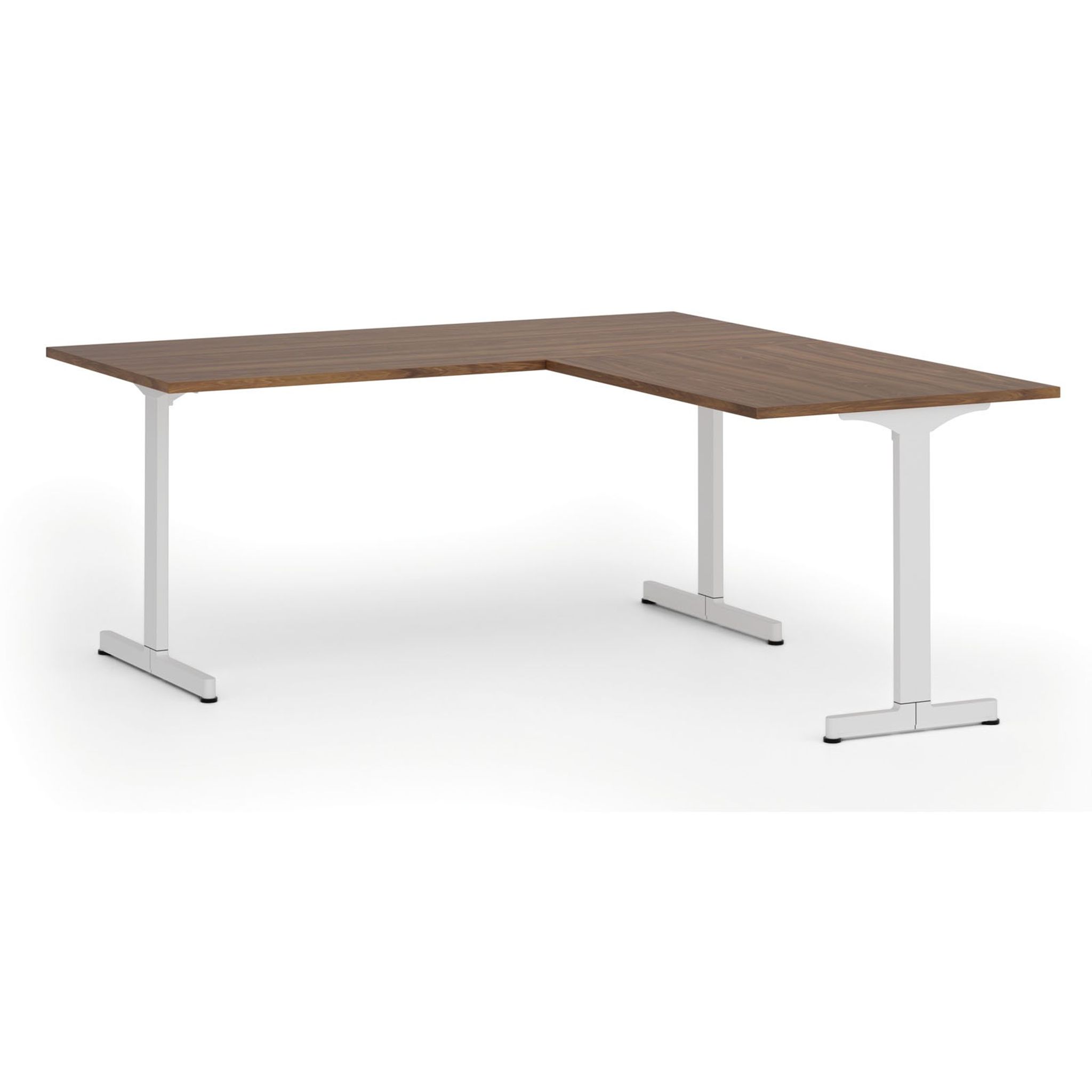 Bürotisch PRIMO BETA L, 180x180 cm, weißes Metallgestell, Nussbaum