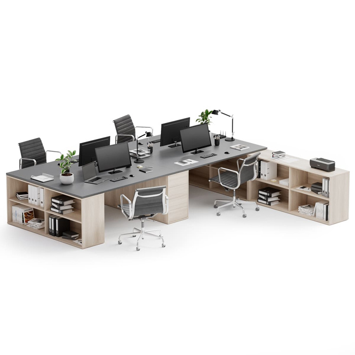 B2B Partner Bürotisch-Set BLOCK B05, 4 Arbeitsplätze mit Stauraum, 360 × 320 cm, Eiche natur/Graphit