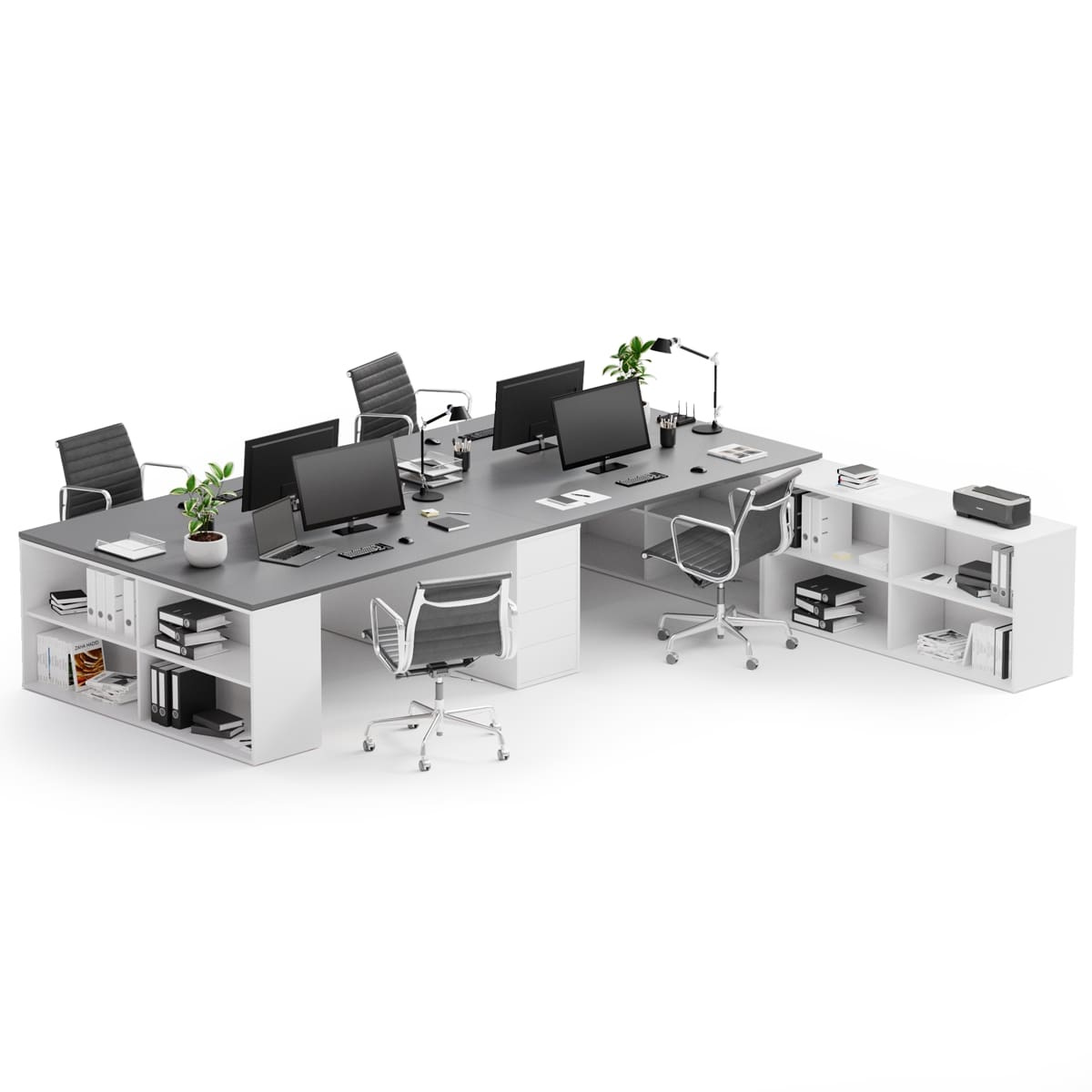 B2B Partner Bürotisch-Set BLOCK B05, 4 Arbeitsplätze mit Stauraum, 360 × 320 cm, weiß/Graphit