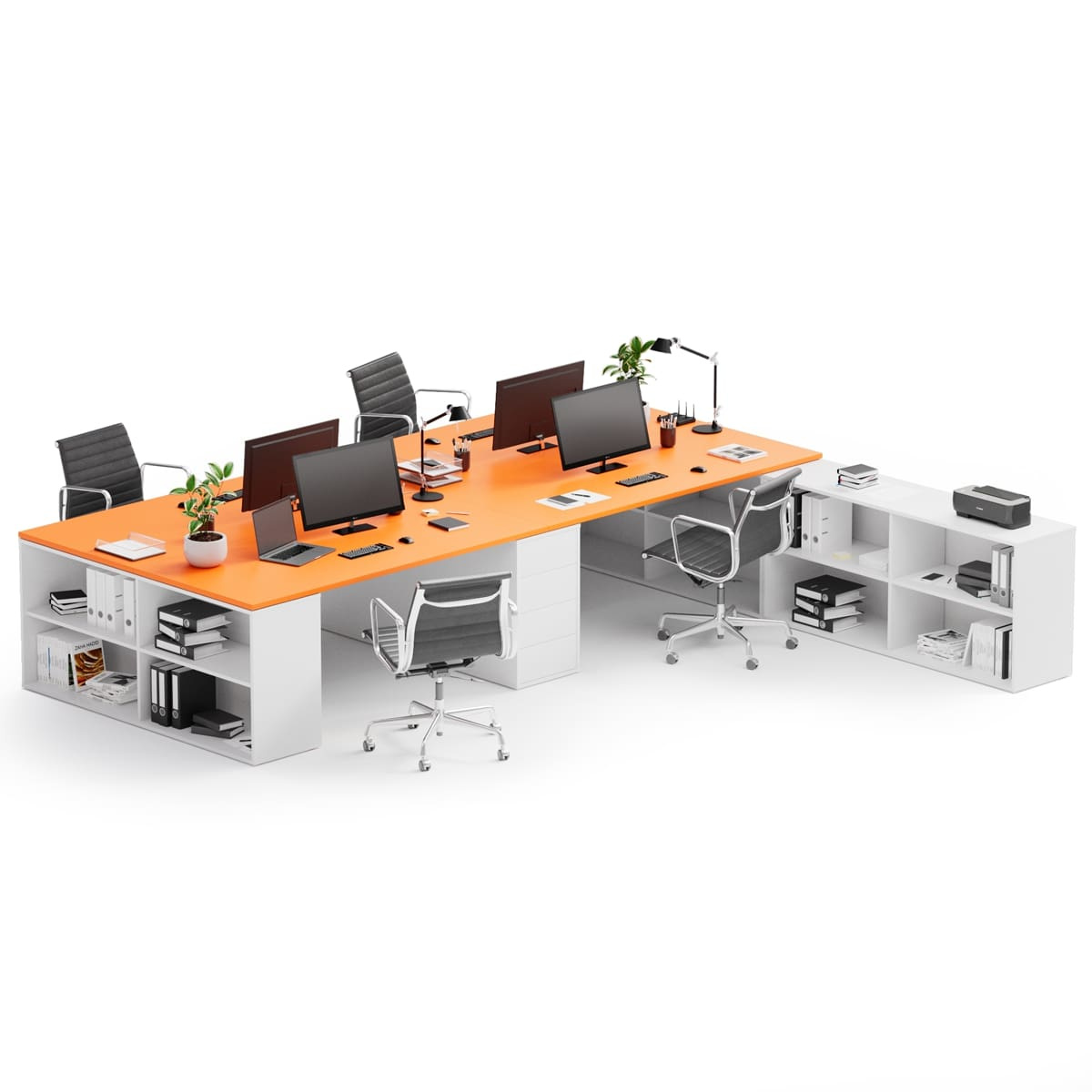 B2B Partner Bürotisch-Set BLOCK B05, 4 Arbeitsplätze mit Stauraum, 360 × 320 cm, weiß/orange