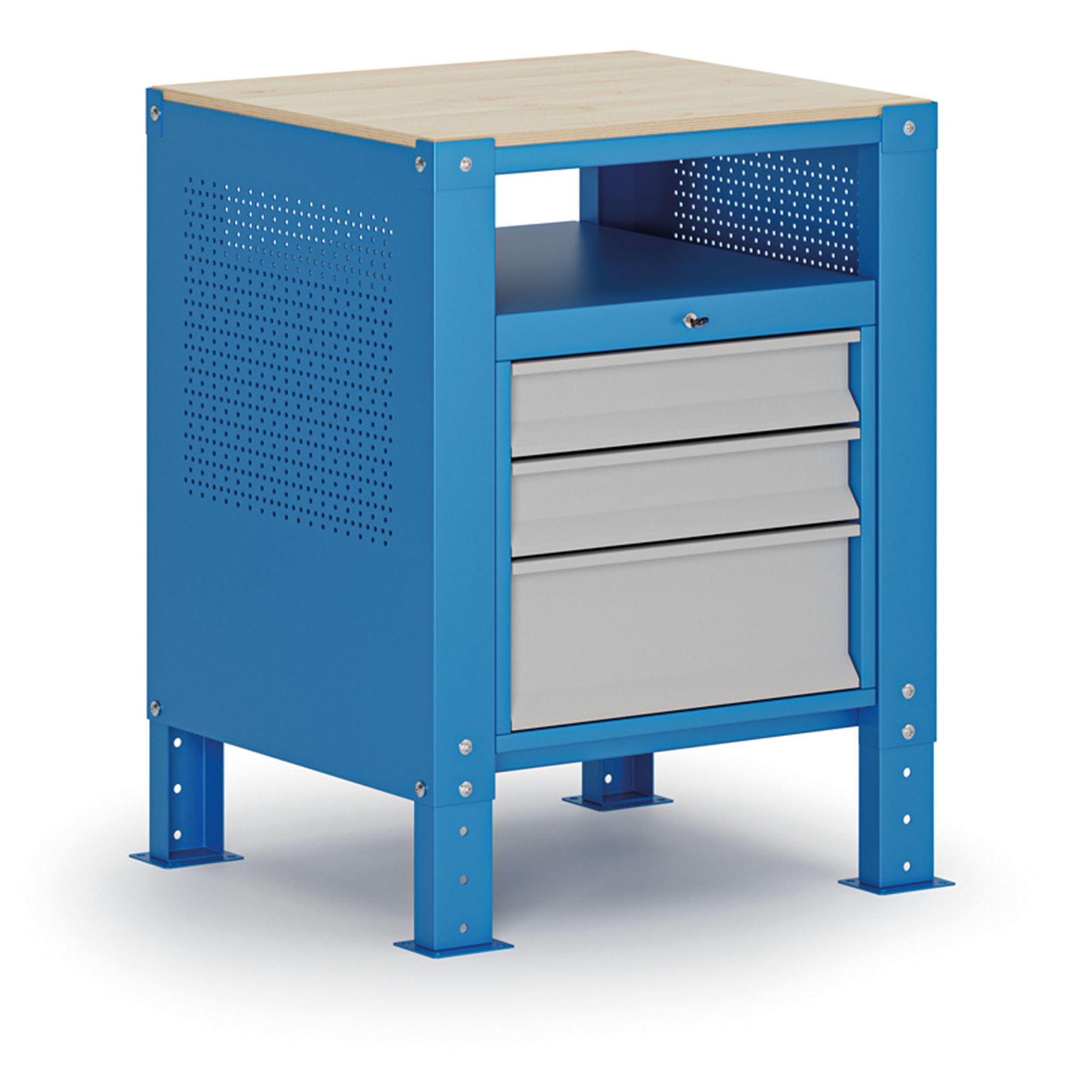 Container G9, 1 Fachboden, 3 Schubladen, höhenverstellbar, 675 x 595 x 715-975 mm, grau/blau