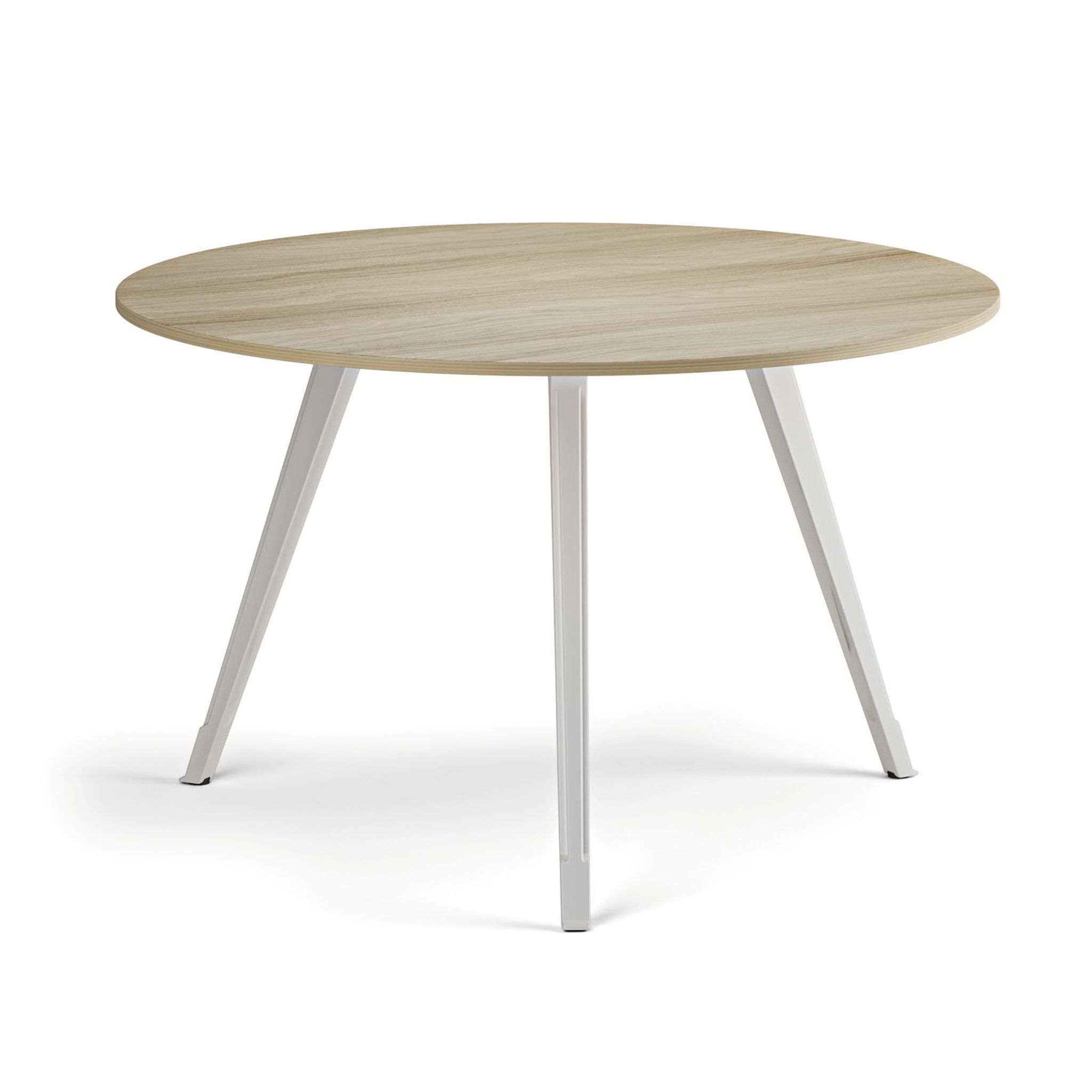 Couchtisch PRIMO ZEN, Durchmesser 120 cm, weißes Metallgestell, Eiche natur