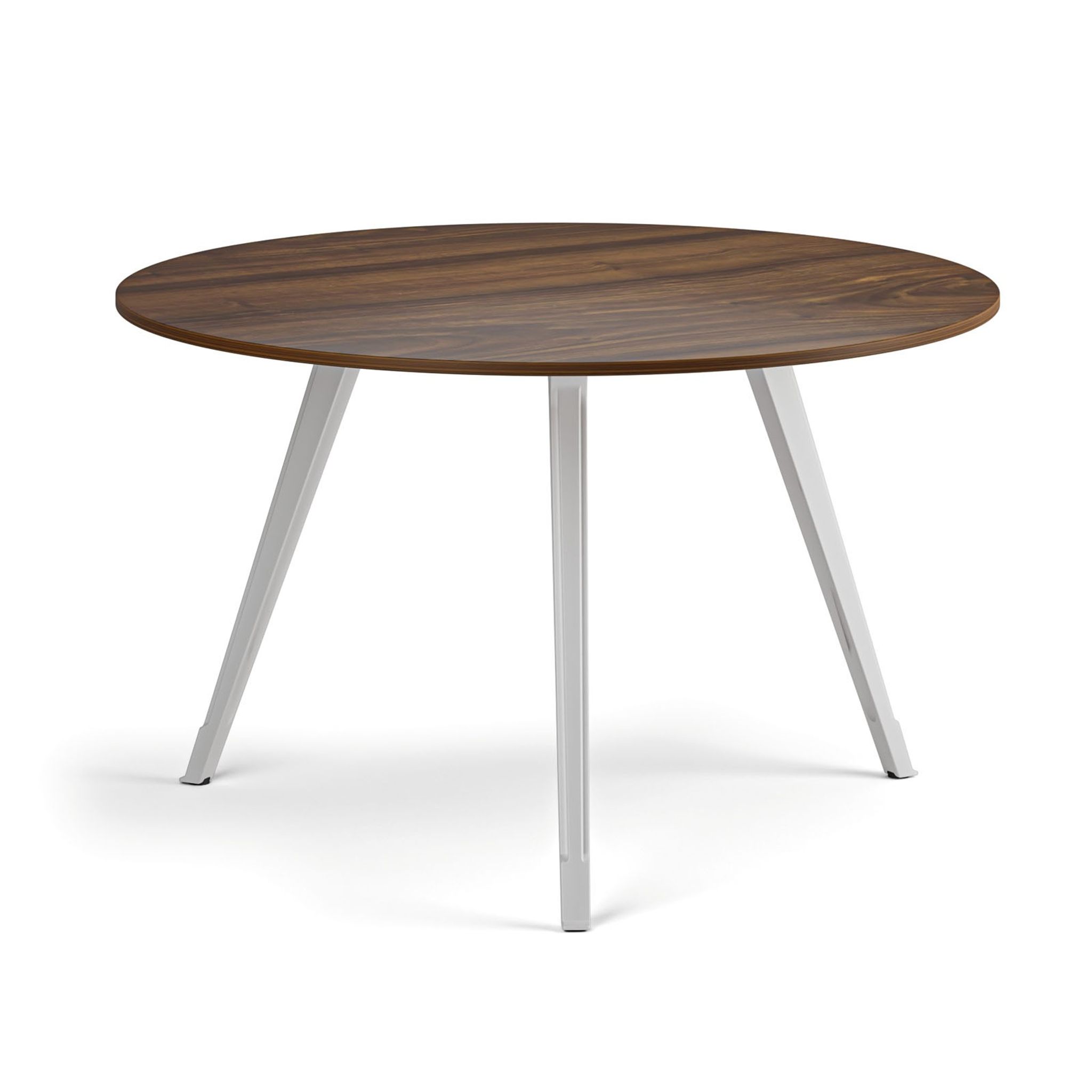 Couchtisch PRIMO ZEN, Durchmesser 120 cm, weißes Metallgestell, Nussbaum