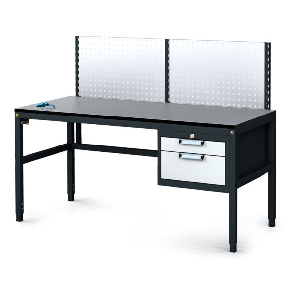 Antistatický dielenský ESD stôl s perfopanelom, 2 zásuvkový box na náradie, 1600x800x745-985 mm
