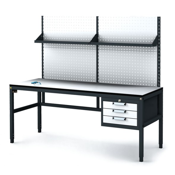 Antistatický dielenský ESD stôl s perfopanelom a policami, 3 zásuvkový box na náradie, 1800x800x745-985 mm