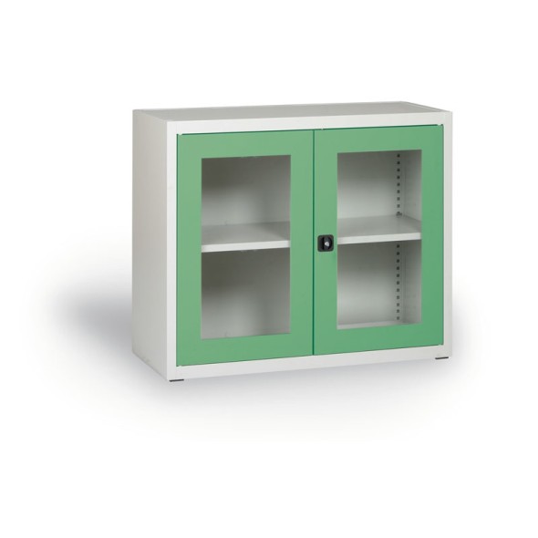 Dielenská policová skriňa s presklenými dverami, 800 x 920 x 400 mm, sivá/zelená