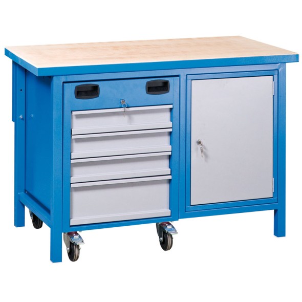 Dielenský pracovný stôl GÜDE Basic MULTI s pojazdným boxom na náradie, 4 zásuvky, 1 skrinka, 1190 x 600 x 850 mm, modrá