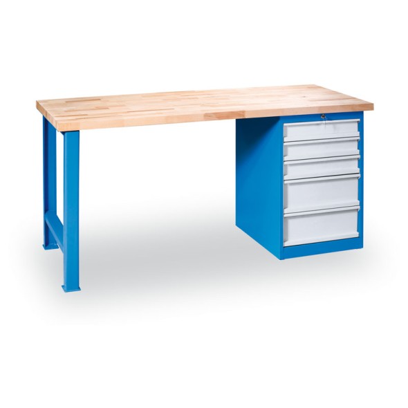 Dielenský pracovný stôl GÜDE Variant, buková škárovka, pevná noha + zásuvkový dielenský box na náradie, 5 zásuviek, 1500 x 685 x 850 mm, modrá