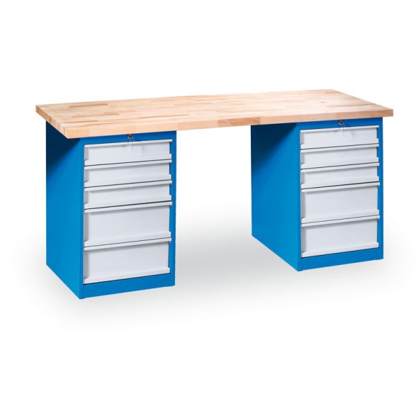 Dielenský pracovný stôl GÜDE Variant s 2 zásuvkovými dielenskými boxami na náradie, buková škárovka, 10 zásuviek, 2000 x 685 x 850 mm, modrá