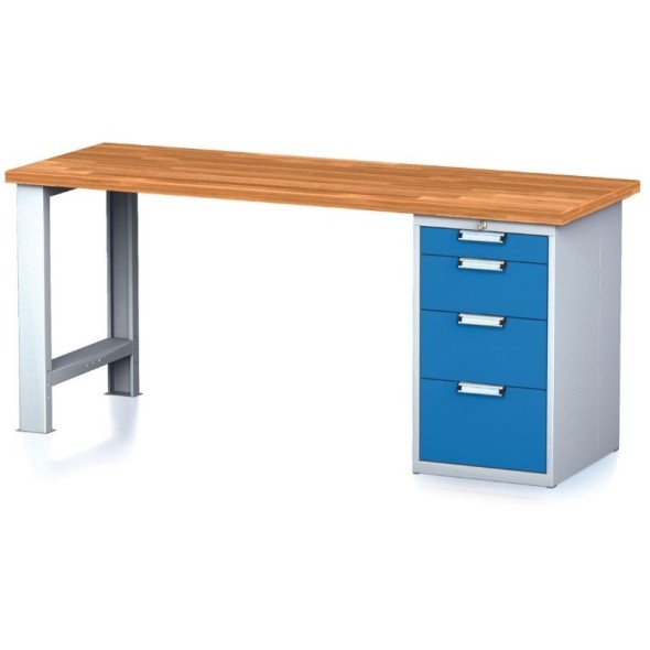 Dielenský pracovný stôl MECHANIC I, pevná noha + dielenský box na náradie, 4 zásuvky, 2000 x 700 x 880 mm, modré dvere