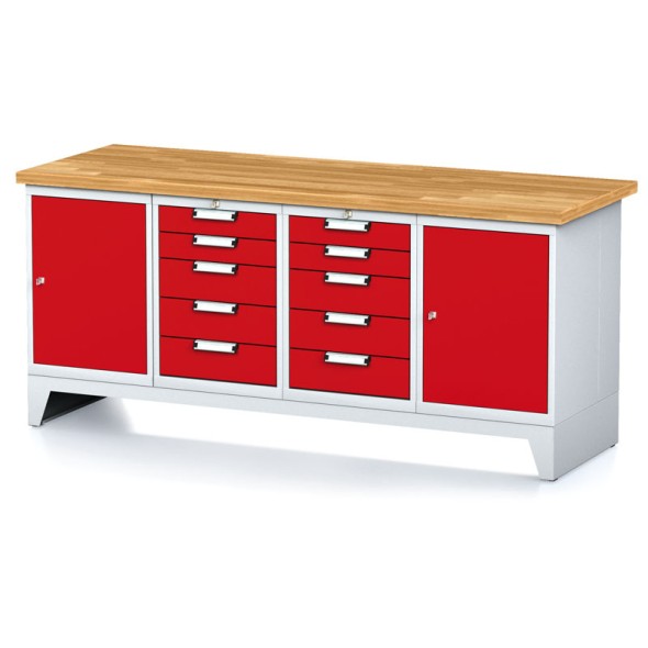 Dielenský stôl MECHANIC I, 2 skrinky a 2x 5 zásuvkový box na náradie, 10 zásuviek, 2000x700x880 mm, červené dvere