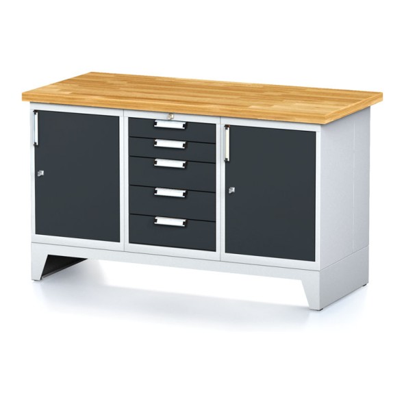 Dielenský stôl MECHANIC I, 2 skrinky a zásuvkový box na náradie, 5 zásuviek, 1500x700x880 mm, antracitové dvere