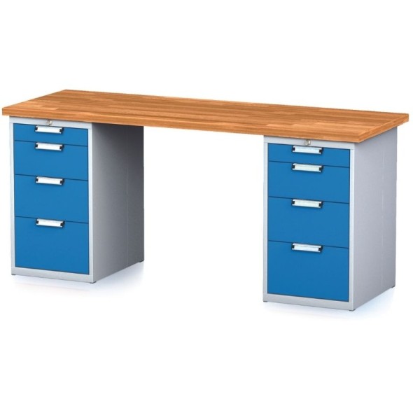 Dielenský stôl MECHANIC I s 2 zásuvkovými dielenskými boxami na náradie namiesto nôh, 8 zásuviek, 2000 x 700 x 880 mm, modré dvere