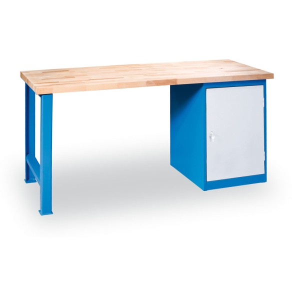 Dílenský pracovní stůl GÜDE Variant, buková spárovka, pevná noha + zásuvková dílenská skříňka na nářadí, 2000 x 800 x 850 mm, modrá