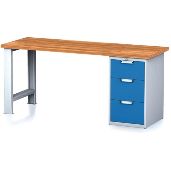 Dílenský pracovní stůl MECHANIC I, pevná noha + dílenský box na nářadí, 3 zásuvky, 2000 x 700 x 880 mm, modré dveře
