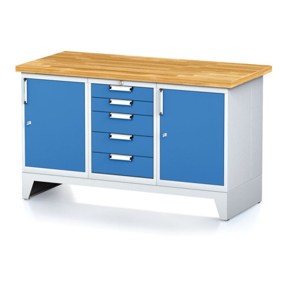Dílenský stůl MECHANIC I, 2 skříňky a zásuvkový box na nářadí, 5 zásuvek, 1500x700x880 mm, modré dveře