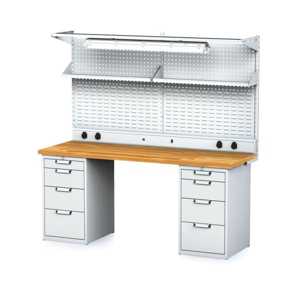 Dílenský stůl MECHANIC I + 2x závěsný box, nástavba, police, el. zásuvky a osvětlení , 8 zásuvek, 2000x700x880 mm, šedé dveře