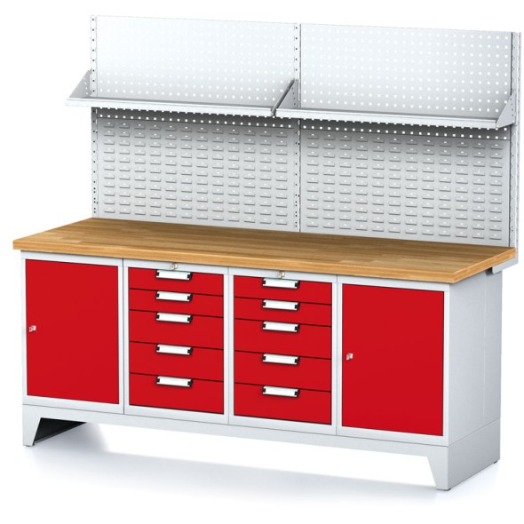 Dílenský stůl MECHANIC I, perforovaný panel, police, 2 skříňky a 2 zásuvkové boxy na nářadí, 10 zásuvek, 2000x700x880 mm, červené dveře