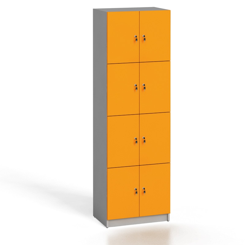 Dřevěná šatní skříňka s úložnými boxy, 8 boxů, 2x4, šedá / oranžové