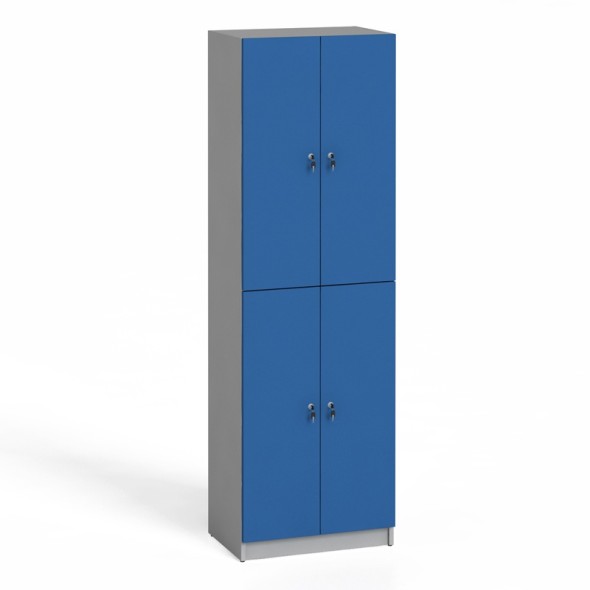 Drevená šatníková skrinka, 4 dvere, cylindrický zámok, sivá / modrá