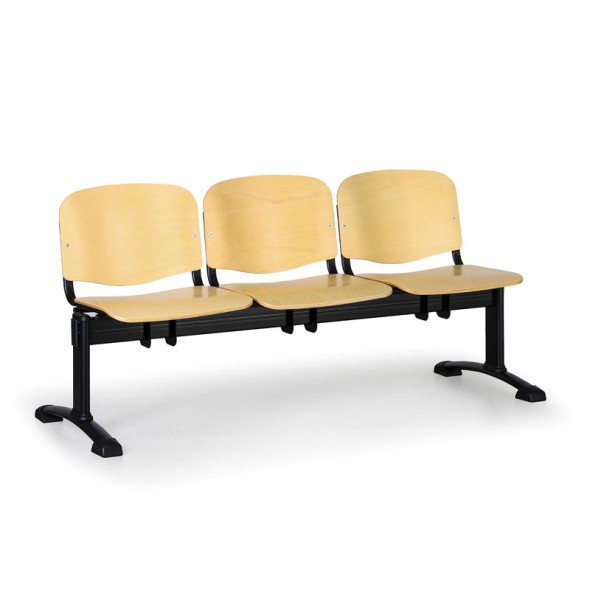 Drewniana ławka do poczekalni ISO, 3-siedziska, czarne nogi