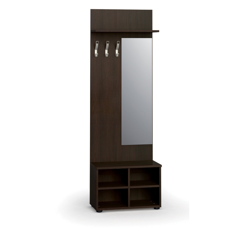 Garderobenwand, Schuhregal + Spiegel PRIMO, 3 Haken, Ablage, Wenge
