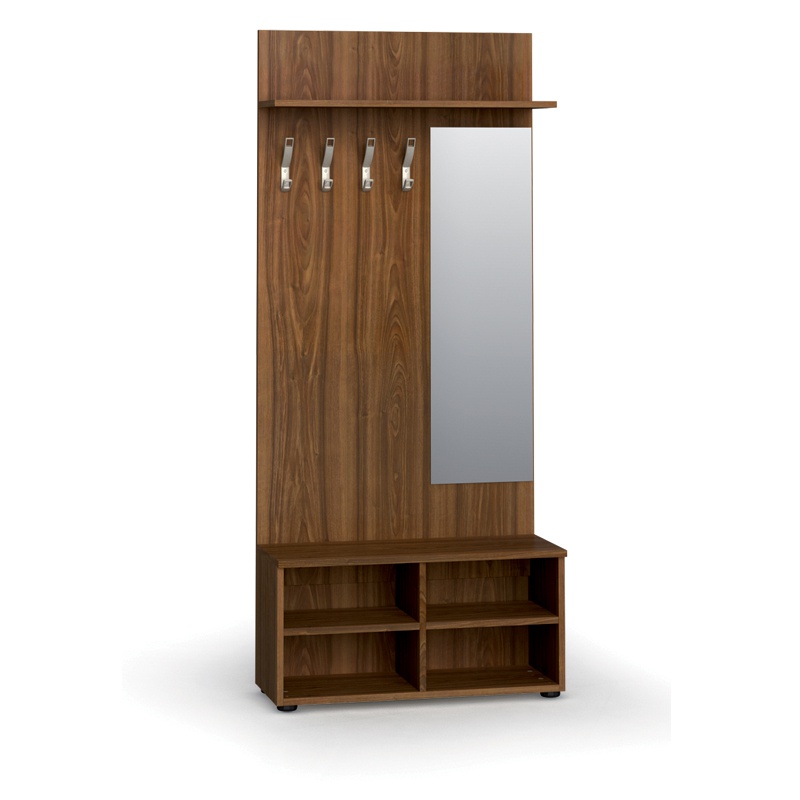 Garderobenwand, Schuhregal + Spiegel PRIMO, 4 Haken, Ablage, Nussbaum