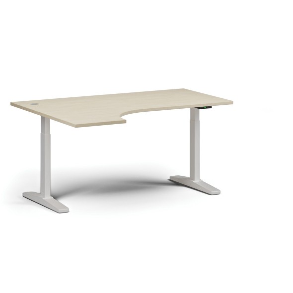 Höhenverstellbarer Schreibtisch, elektrisch, 675-1325 mm, Ecke links, Tischplatte 1600 x 1200 mm, weißes Untergestell, Birke