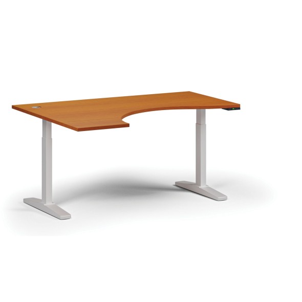 Höhenverstellbarer Schreibtisch, elektrisch, 675-1325 mm, ergonomisch links, Tischplatte 1600x1200 mm, weißes Untergestell, Kirsche