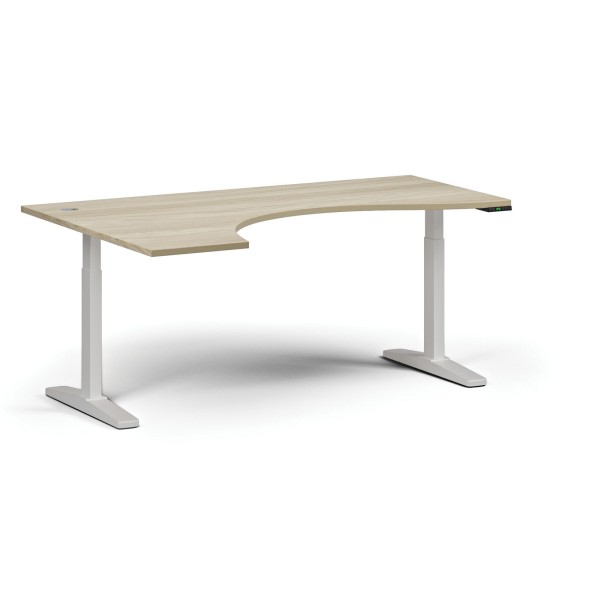 Höhenverstellbarer Schreibtisch, elektrisch, 675-1325 mm, ergonomisch links, Tischplatte 1880x1200 mm, weißes Untergestell, Natureiche