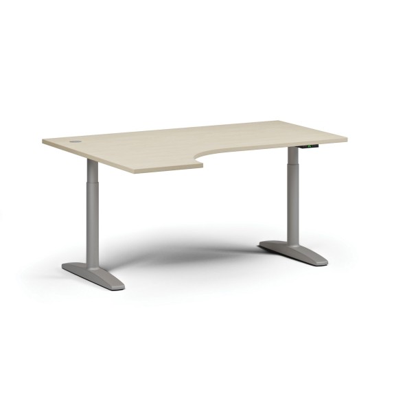 Höhenverstellbarer Schreibtisch OBOL, elektrisch, 675-1325 mm, Ecke links, Tischplatte 1600x1200 mm, graues abgerundetes Untergestell, Birke