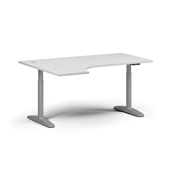 Höhenverstellbarer Schreibtisch OBOL, elektrisch, 675-1325 mm, Ecke links, Tischplatte 1600x1200 mm, graues abgerundetes Untergestell, weiß