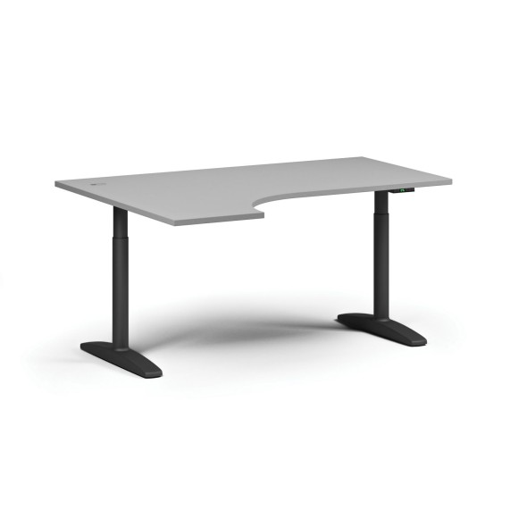 Höhenverstellbarer Schreibtisch OBOL, elektrisch, 675-1325 mm, Ecke links, Tischplatte 1600x1200 mm, schwarzes abgerundetes Untergestell, grau