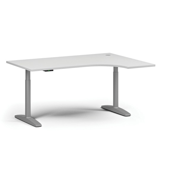 Höhenverstellbarer Schreibtisch OBOL, elektrisch, 675-1325 mm, Ecke rechts, Tischplatte 1600x1200 mm, graues abgerundetes Untergestell, weiß