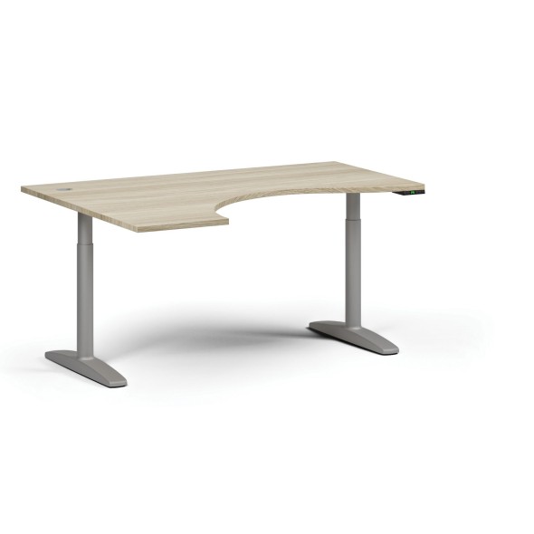 Höhenverstellbarer Schreibtisch OBOL, elektrisch, 675-1325 mm, ergonomisch links, Tischplatte 1600x1200 mm, graues abgerundetes Untergestell, Eiche natur