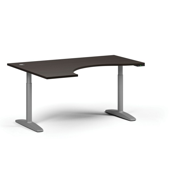 Höhenverstellbarer Schreibtisch OBOL, elektrisch, 675-1325 mm, ergonomisch links, Tischplatte 1600x1200 mm, graues abgerundetes Untergestell, Wenge