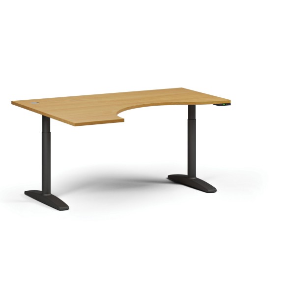 Höhenverstellbarer Schreibtisch OBOL, elektrisch, 675-1325 mm, ergonomisch links, Tischplatte 1600x1200 mm, schwarzes abgerundetes Untergestell, Buche