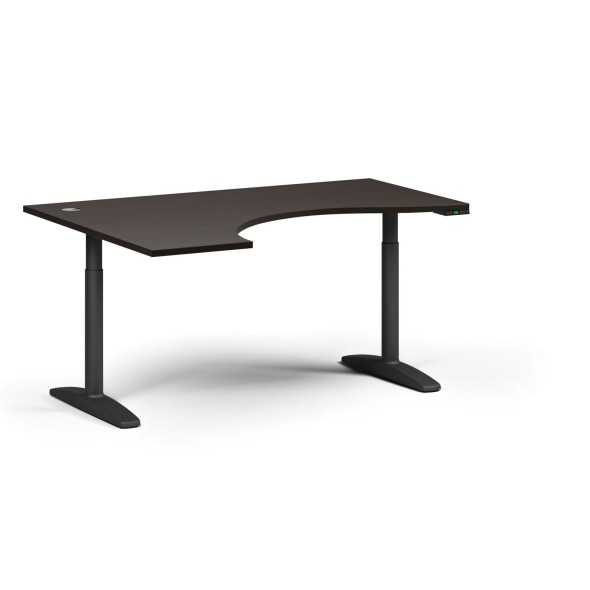 Höhenverstellbarer Schreibtisch OBOL, elektrisch, 675-1325 mm, ergonomisch links, Tischplatte 1600x1200 mm, schwarzes abgerundetes Untergestell, Wenge