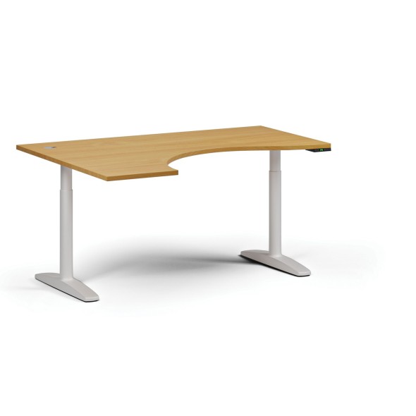 Höhenverstellbarer Schreibtisch OBOL, elektrisch, 675-1325 mm, ergonomisch links, Tischplatte 1600x1200 mm, weißes abgerundetes Untergestell, Buche