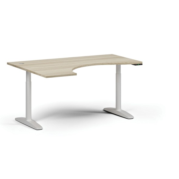 Höhenverstellbarer Schreibtisch OBOL, elektrisch, 675-1325 mm, ergonomisch links, Tischplatte 1600x1200 mm, weißes abgerundetes Untergestell, Eiche natur