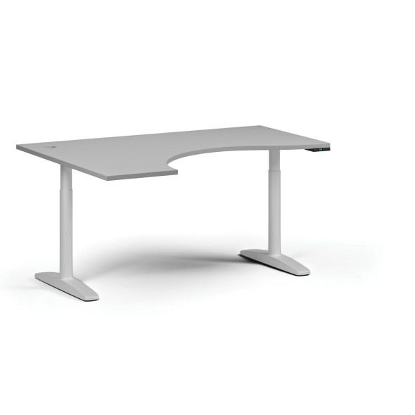 Höhenverstellbarer Schreibtisch OBOL, elektrisch, 675-1325 mm, ergonomisch links, Tischplatte 1600x1200 mm, weißes abgerundetes Untergestell, grau