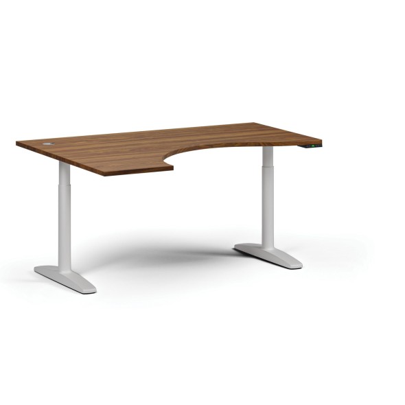 Höhenverstellbarer Schreibtisch OBOL, elektrisch, 675-1325 mm, ergonomisch links, Tischplatte 1600x1200 mm, weißes abgerundetes Untergestell, Nussbaum