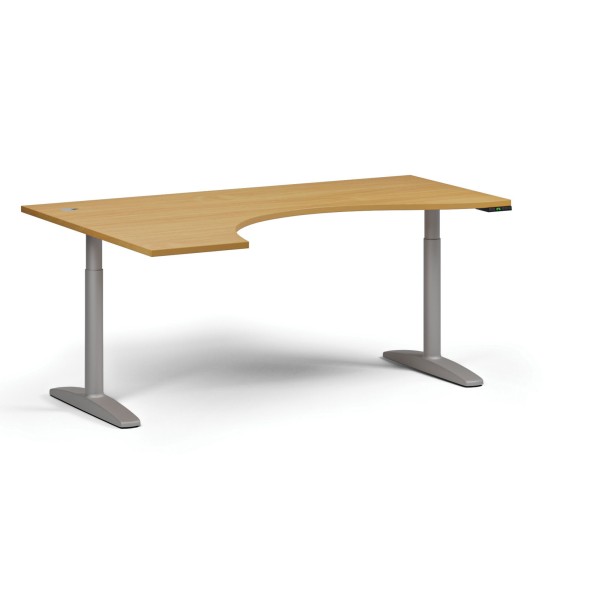 Höhenverstellbarer Schreibtisch OBOL, elektrisch, 675-1325 mm, ergonomisch links, Tischplatte 1880x1200 mm, graues abgerundetes Untergestell, Buche