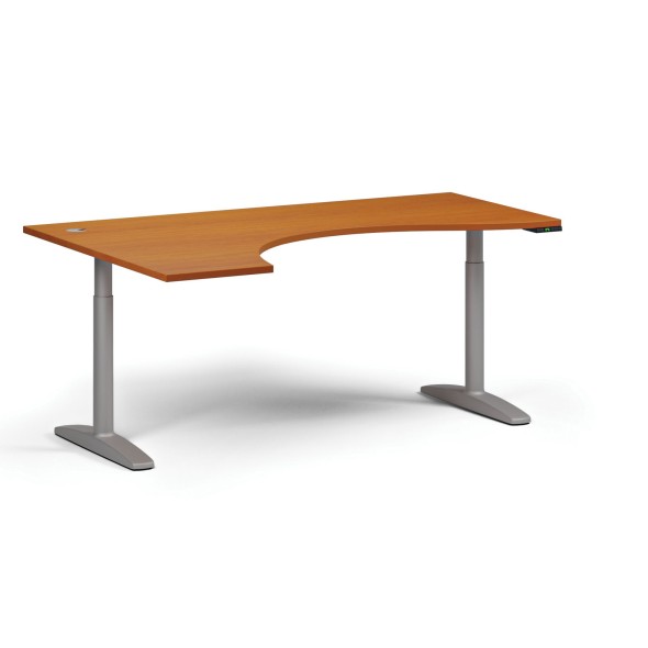 Höhenverstellbarer Schreibtisch OBOL, elektrisch, 675-1325 mm, ergonomisch links, Tischplatte 1880x1200 mm, graues abgerundetes Untergestell, Kirsche