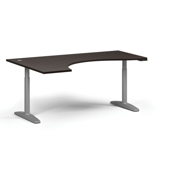 Höhenverstellbarer Schreibtisch OBOL, elektrisch, 675-1325 mm, ergonomisch links, Tischplatte 1880x1200 mm, graues abgerundetes Untergestell, Wenge