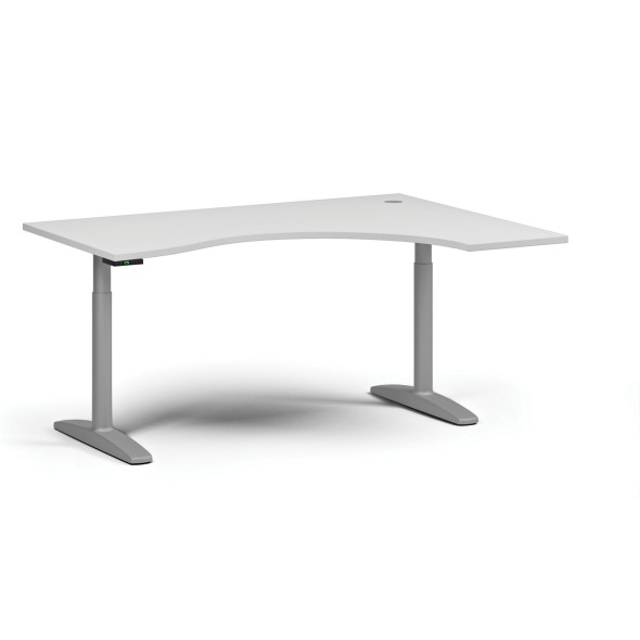 Höhenverstellbarer Schreibtisch OBOL, elektrisch, 675-1325 mm, ergonomisch rechts, Tischplatte 1600x1200 mm, graues abgerundetes Untergestell, weiß