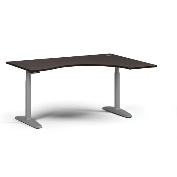 Höhenverstellbarer Schreibtisch OBOL, elektrisch, 675-1325 mm, ergonomisch rechts, Tischplatte 1600x1200 mm, graues abgerundetes Untergestell, Wenge