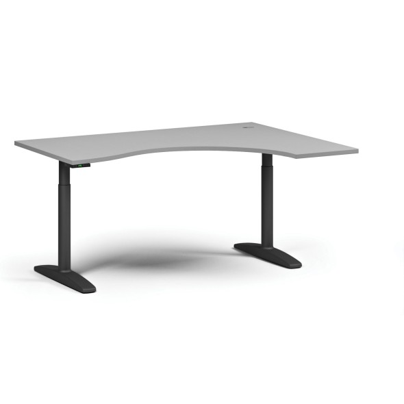 Höhenverstellbarer Schreibtisch OBOL, elektrisch, 675-1325 mm, ergonomisch rechts, Tischplatte 1600x1200 mm, schwarzes abgerundetes Untergestell, grau
