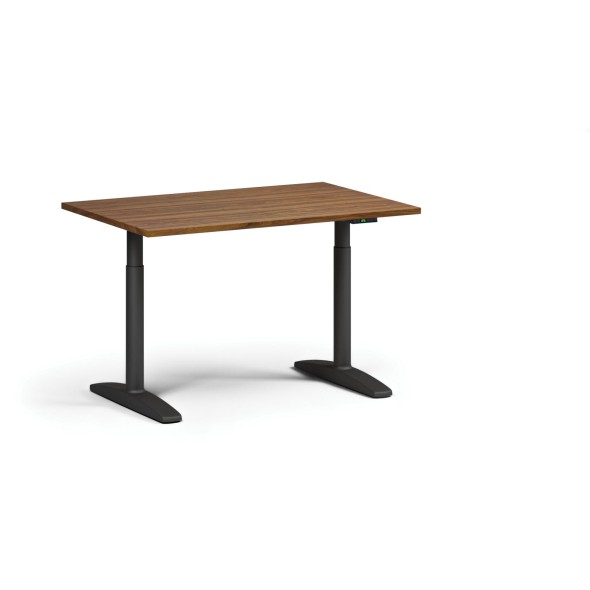 Höhenverstellbarer Schreibtisch OBOL, elektrisch, 675-1325 mm, Tischplatte 1200x800 mm, schwarzes abgerundetes Untergestell, Nussbaum